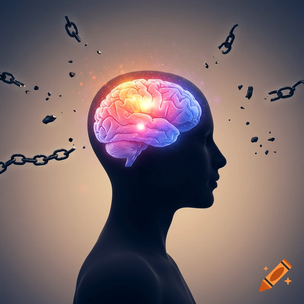 Profile silhouette of a human head with a glowing, colorful brain, surrounded by broken, floating chains against a soft, gradient background.