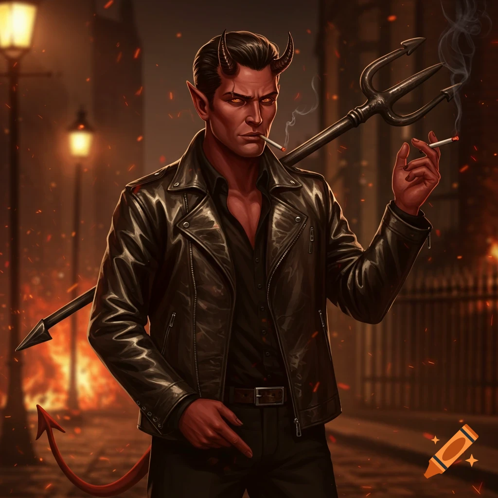 A cool, red-skinned devil in a black leather jacket, with horns and a tail, holding a pitchfork and two lit cigarettes on a fiery, dark street at night.