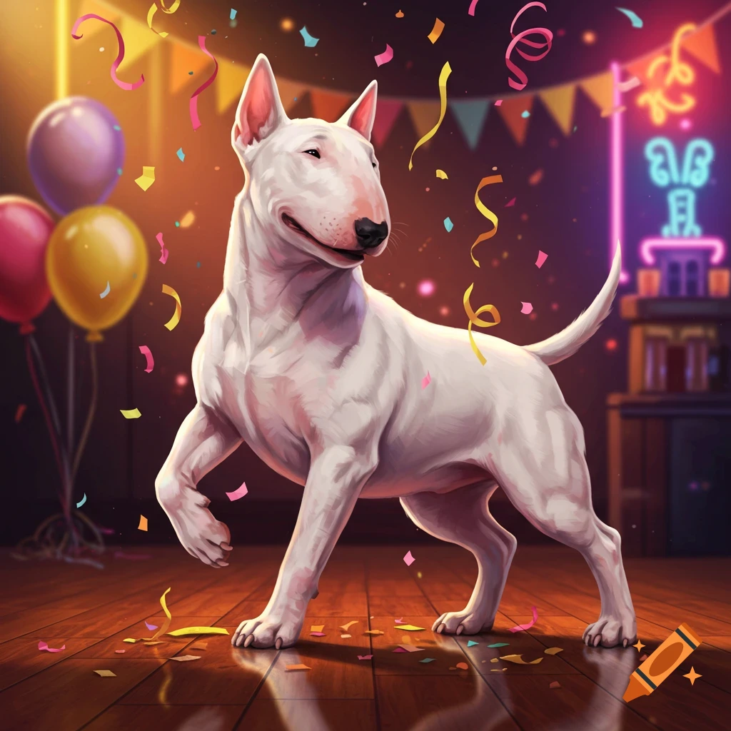 A white bull terrier stands on a wooden floor amidst colorful confetti, balloons, and party decorations with neon lights in the background.