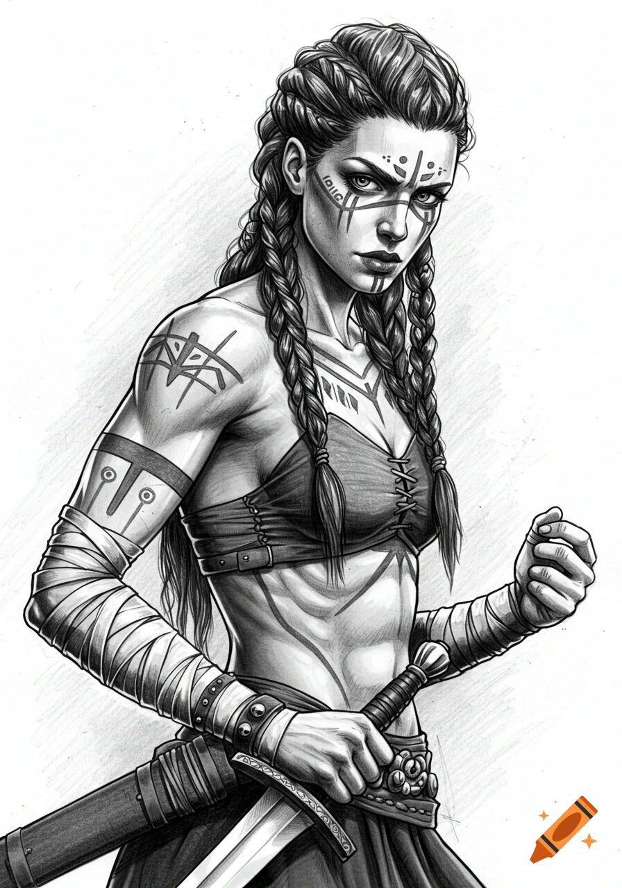 Black and white detailed drawing of a fierce female warrior with braided hair, war paint, and a sword, looking directly at the viewer.