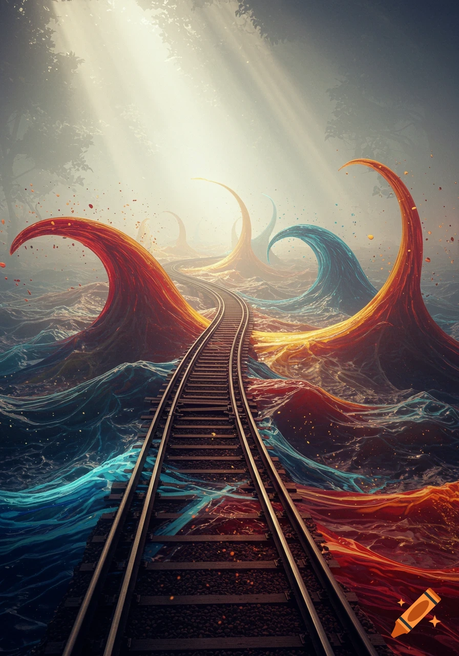 Train tracks winding through a surreal landscape of vibrant red, orange, and blue translucent waves under a sunlit sky.