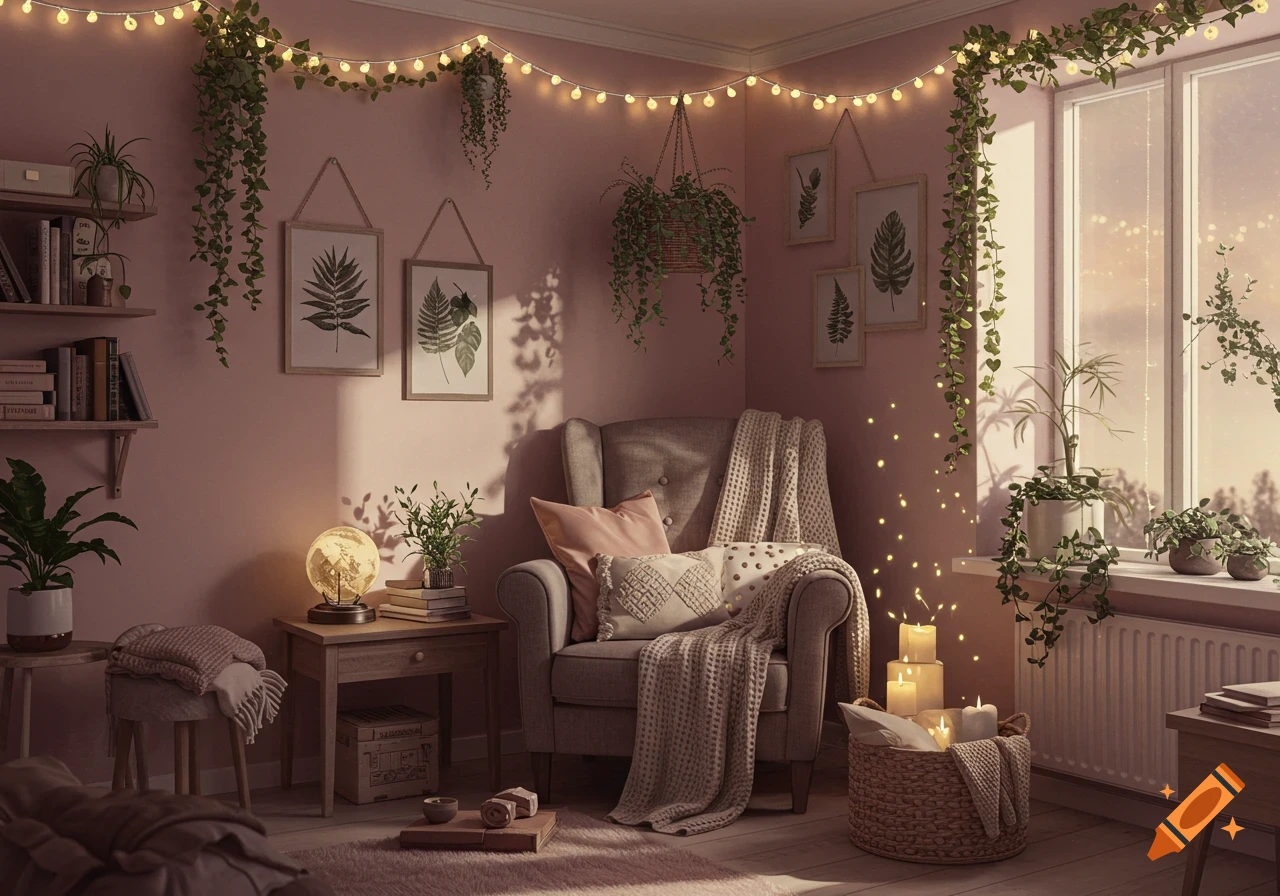 A cozy room with pink walls, an armchair, lush plants, string lights, and a window with a warm glow.