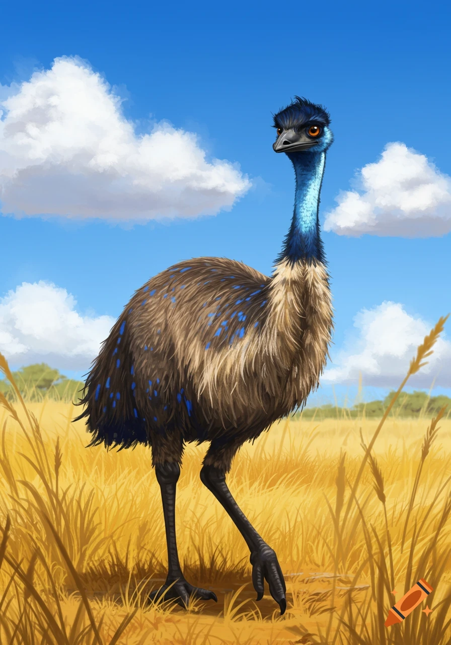 A blue-necked emu with brown and blue feathers stands in a golden field under a blue sky with white clouds.