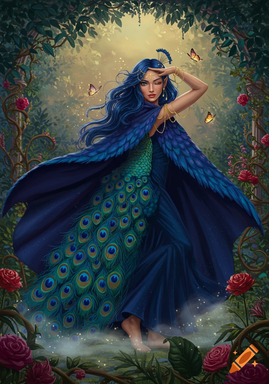 A blue-haired peacock goddess winks in a magical garden with roses and butterflies.