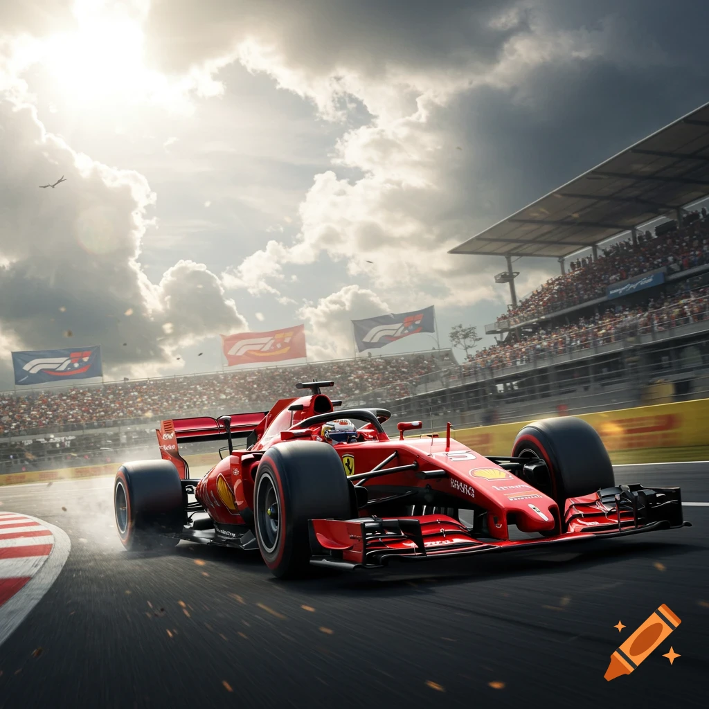 A red Formula 1 race car on a track, spectators in the grandstands, and F1 flags under a dramatic sky, photorealistic.