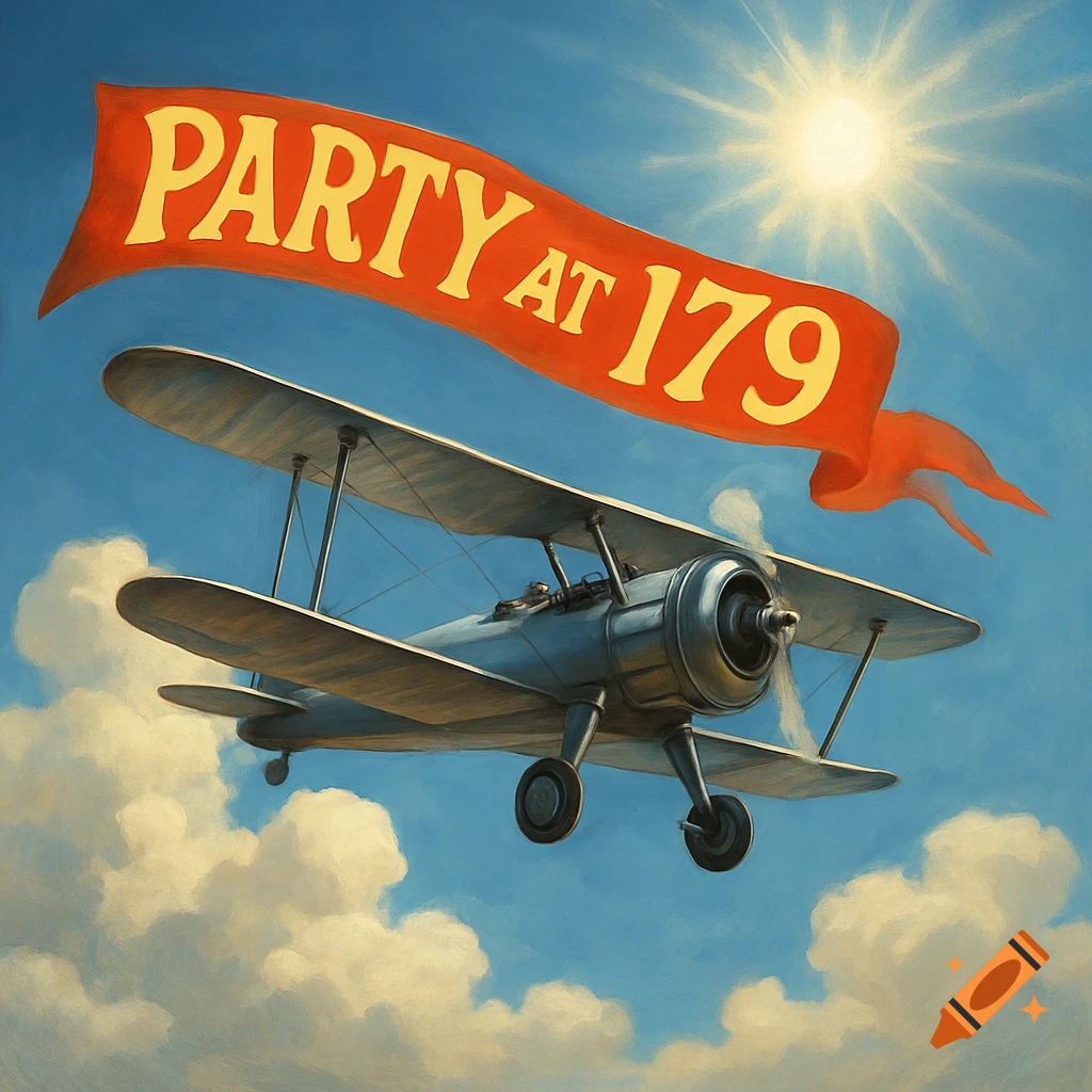 A biplane flies through a bright blue sky, pulling a red banner that reads 'PARTY AT 179'. Fluffy clouds are below, and the sun shines brightly above in a painterly style.