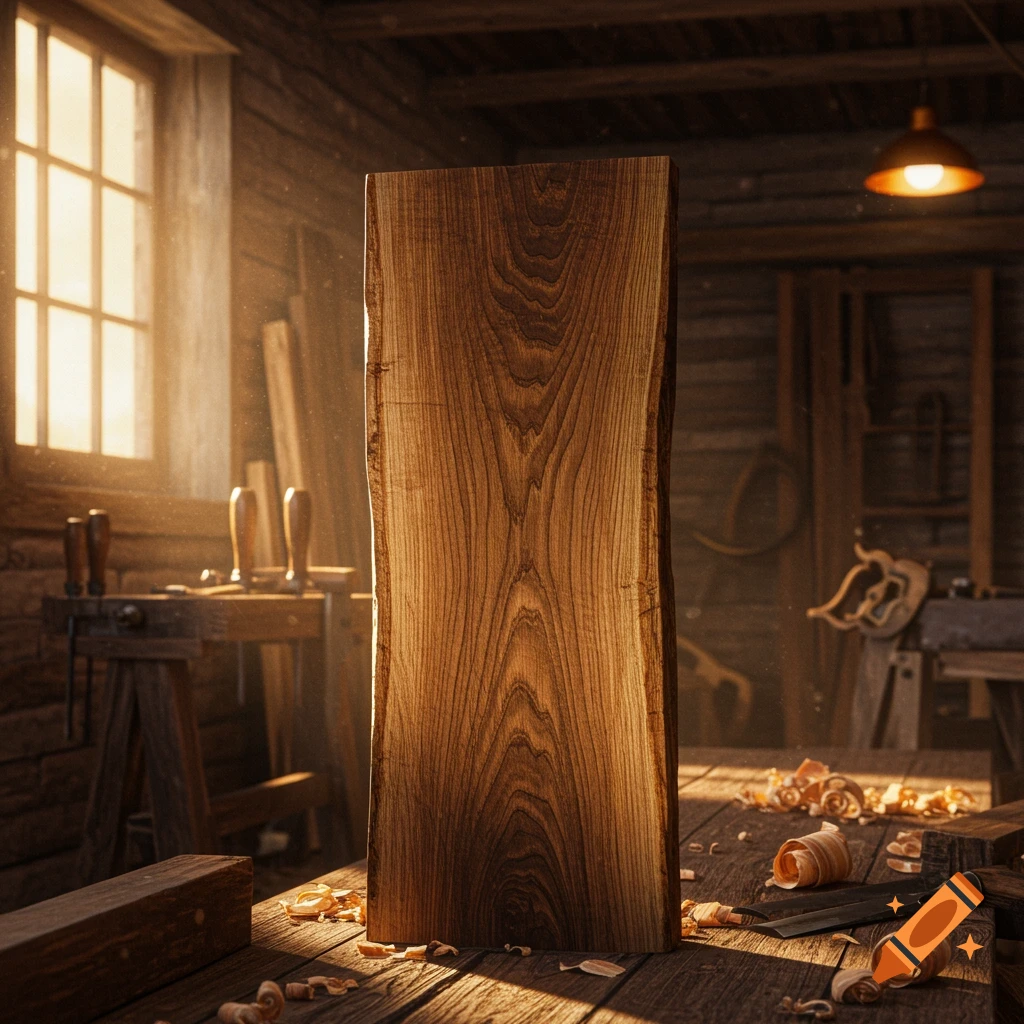 A photorealistic large wooden plank stands upright in a sunlit workshop with tools and wood shavings.