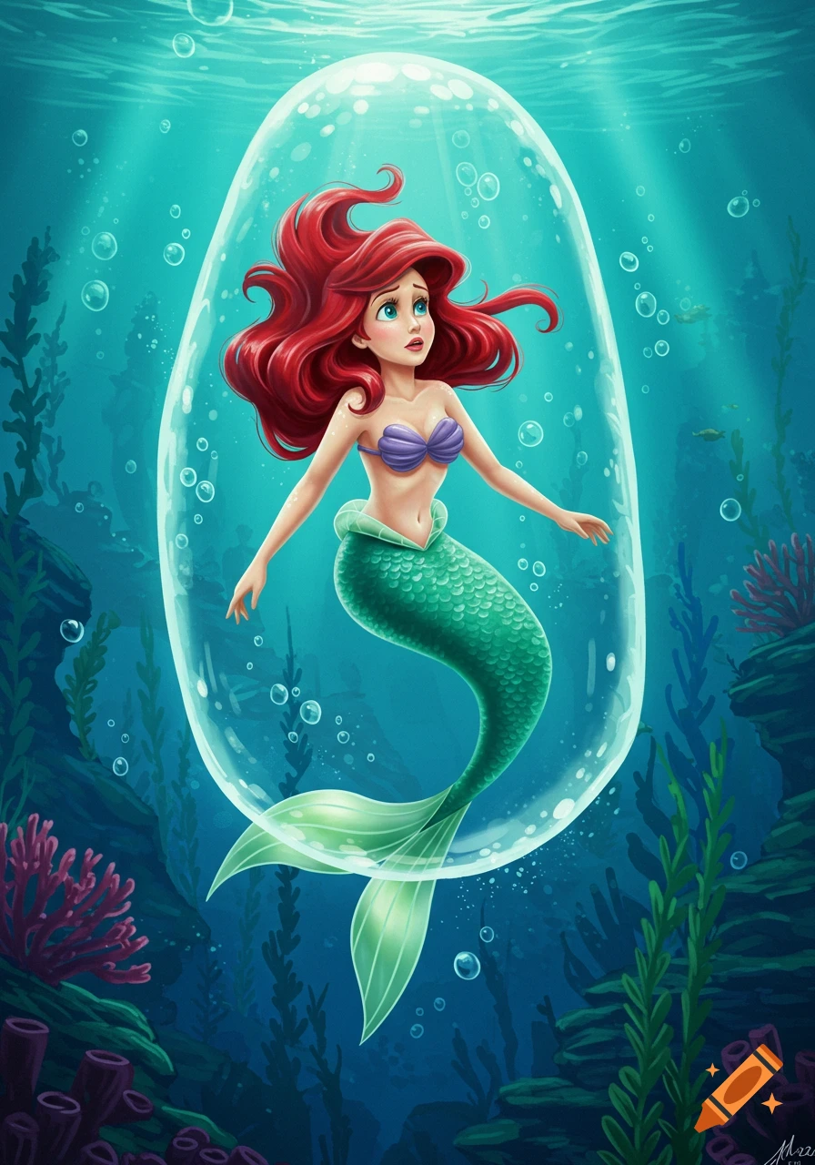 A cartoon mermaid with red hair in a purple bra and green tail, encased in a large bubble underwater, surrounded by marine plants.