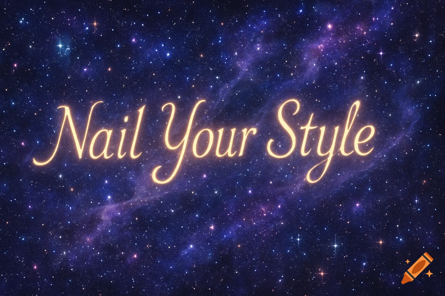 Glowing cursive text 'Nail Your Style' against a vibrant starry galaxy background.