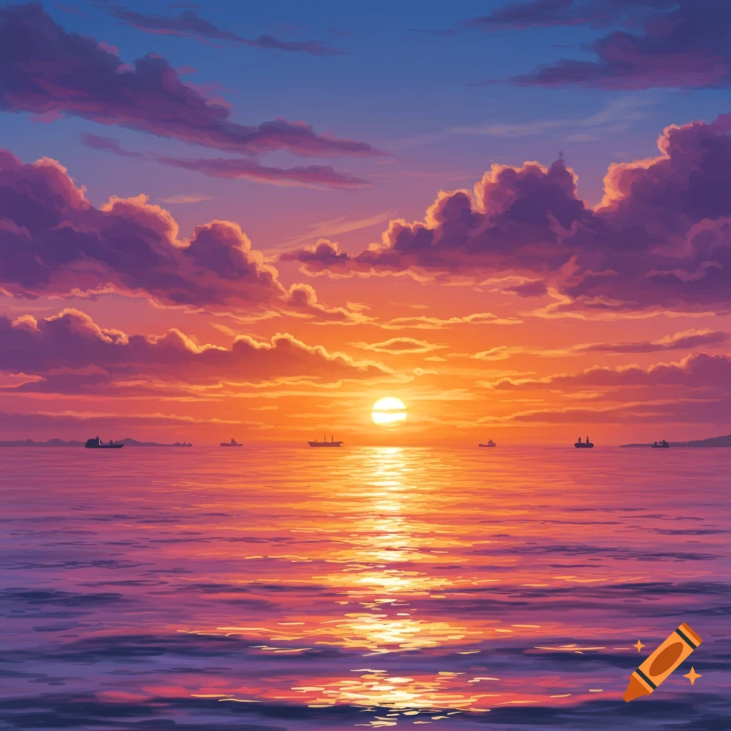 Vibrant sunset over the ocean with colorful clouds and distant ships in a digital art style.
