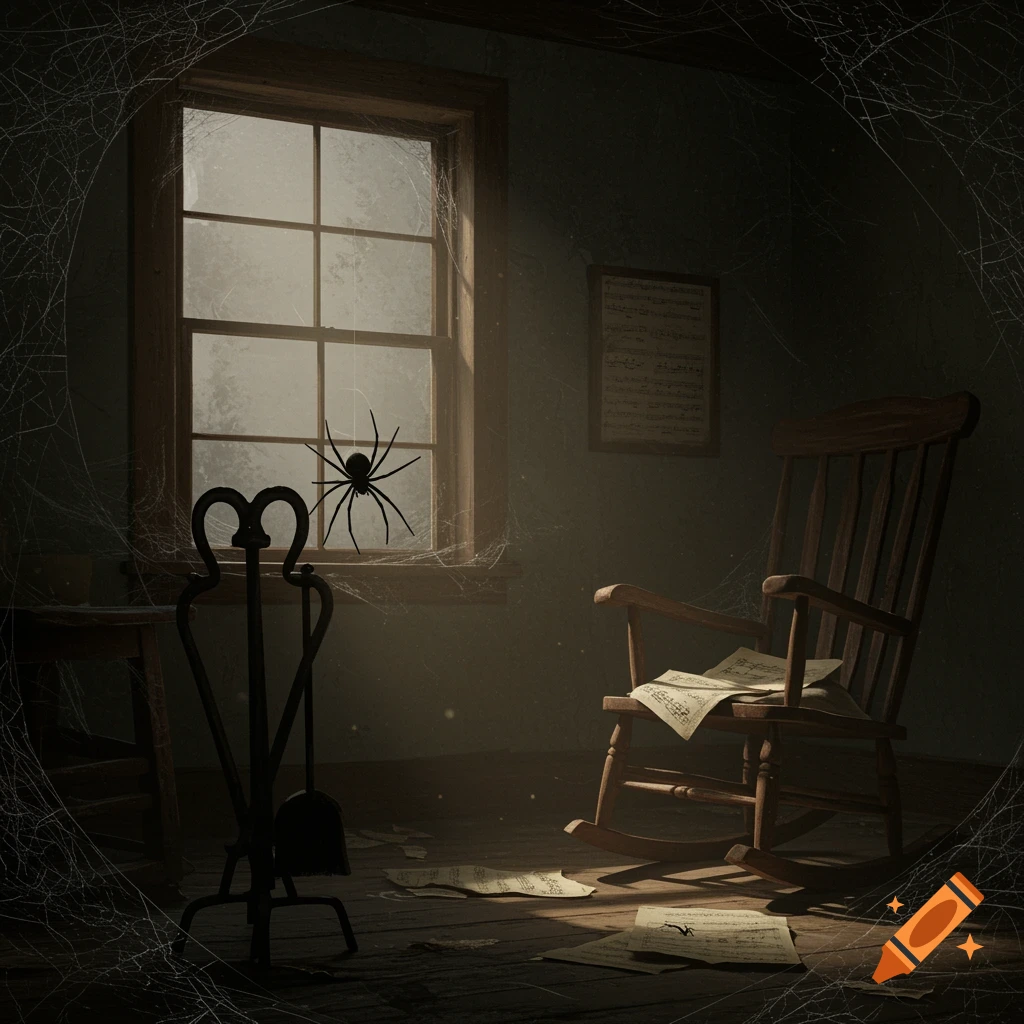A dark, dusty room with a large spider on a web-covered window, an old rocking chair, and scattered papers on the floor.