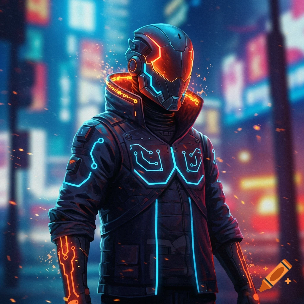 A person in a black futuristic suit with glowing neon blue and orange lines stands in a blurry cyberpunk city street.