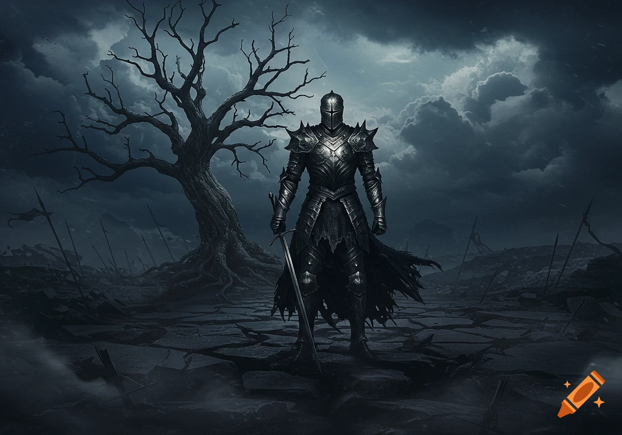 A dark knight in elaborate armor stands with a sword in a desolate, cracked landscape next to a gnarled, bare tree under a stormy sky.