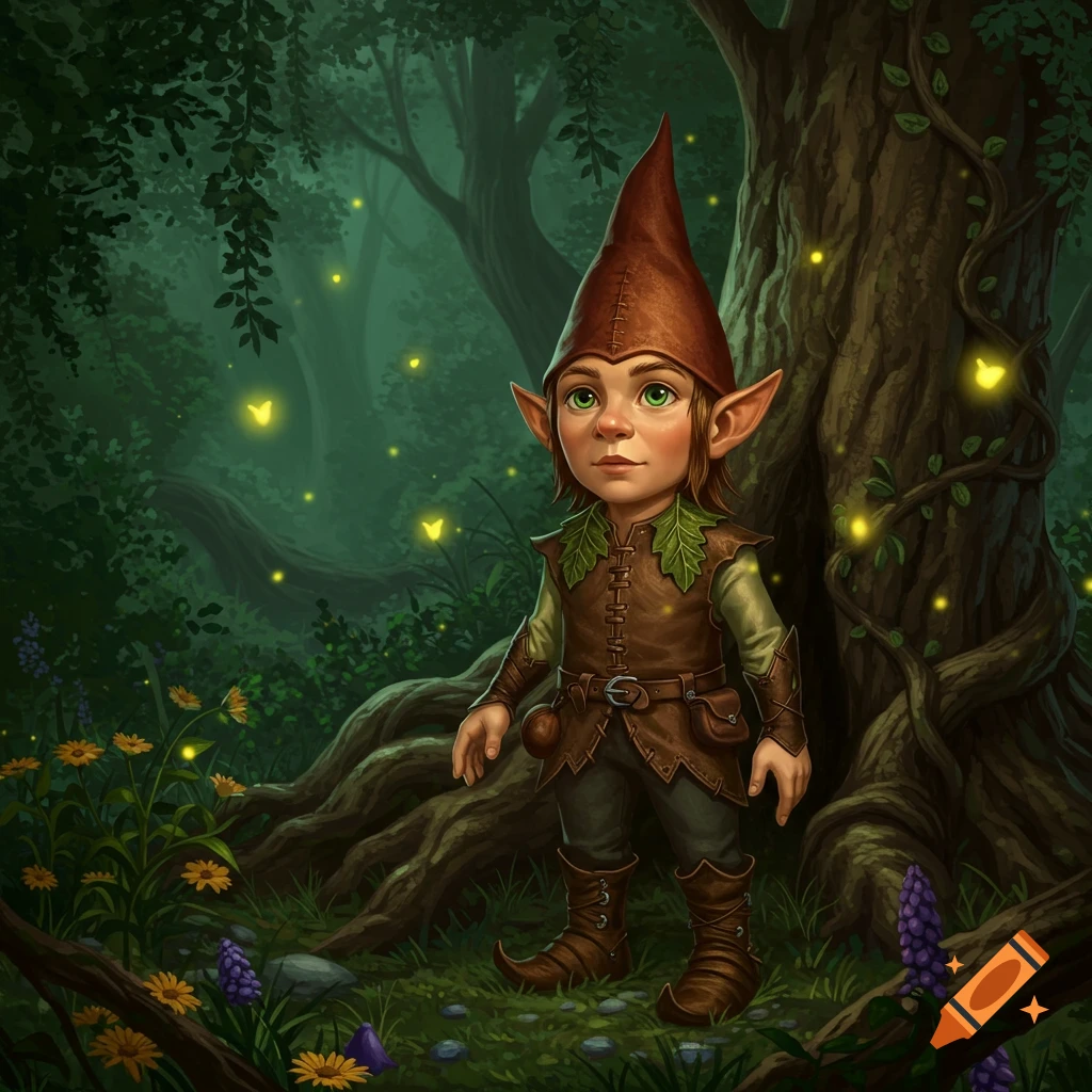 A young gnome with green eyes and pointy ears, wearing a brown hat and leather tunic, stands in a dark, enchanted forest with glowing fireflies and flowers.