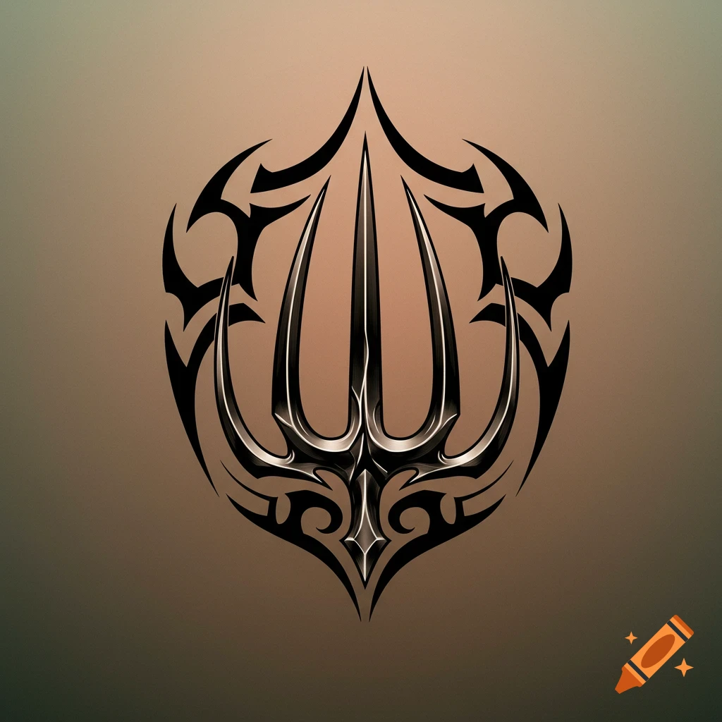 A stylized tribal pitchfork design in black and silver, set against a gradient brown background.