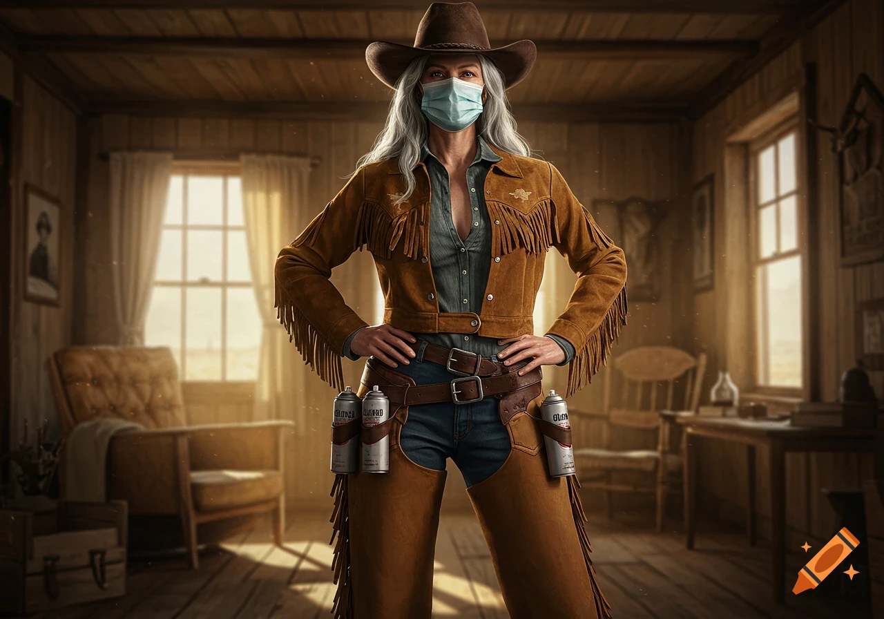 A photorealistic image of a woman in a cowboy hat and brown fringed jacket, wearing a surgical mask, with spray cans on her belt, standing in a rustic room.
