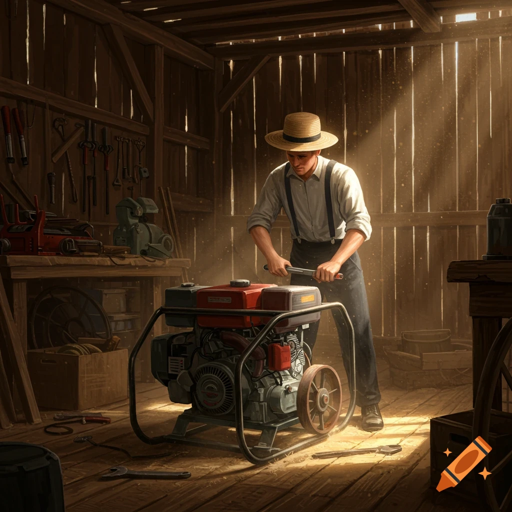 A man in a straw hat and suspenders works on a generator in a sunlit wooden barn.