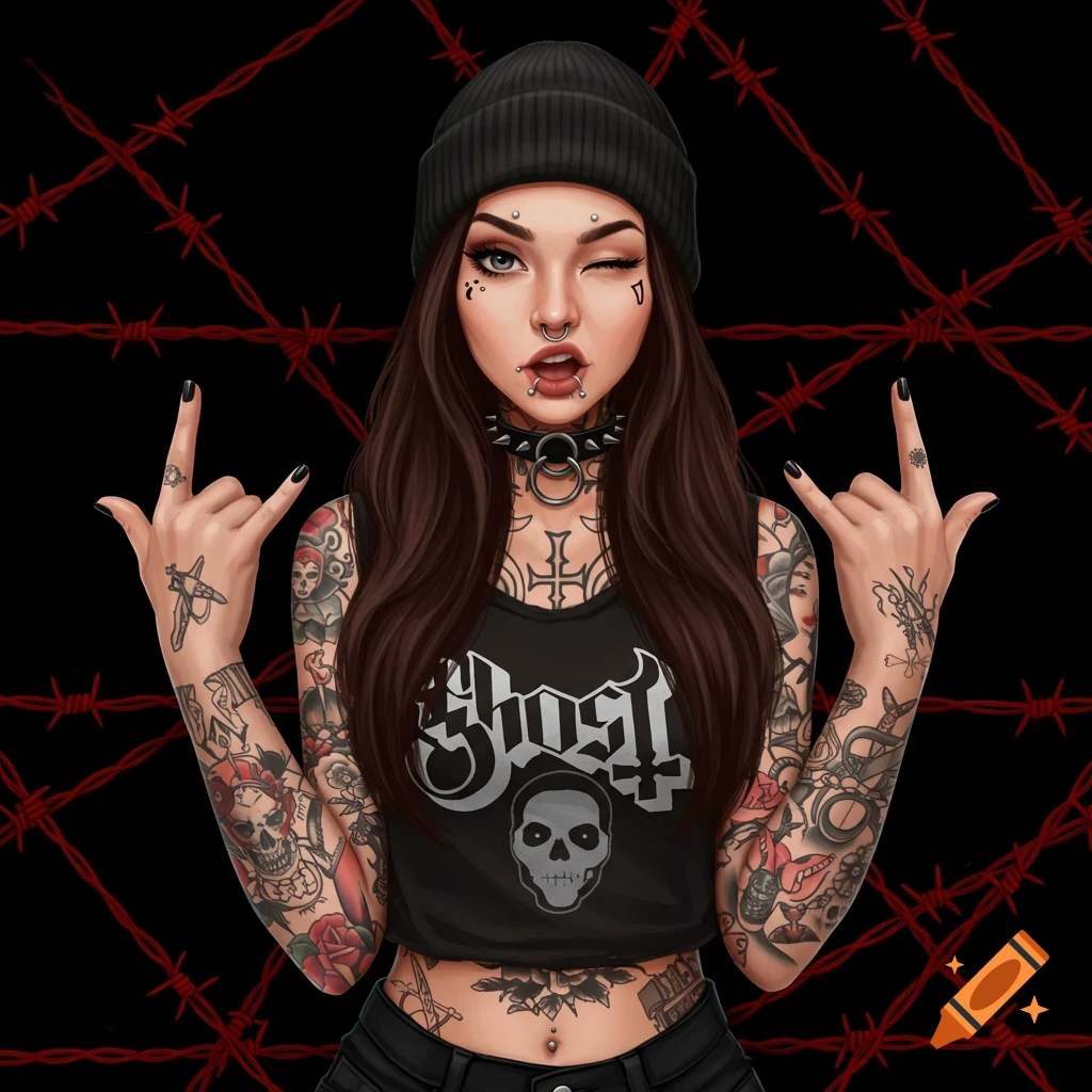 Stylized portrait of a winking girl with long dark hair, tattoos, piercings, black beanie, and Ghost band crop top, making a rock sign.