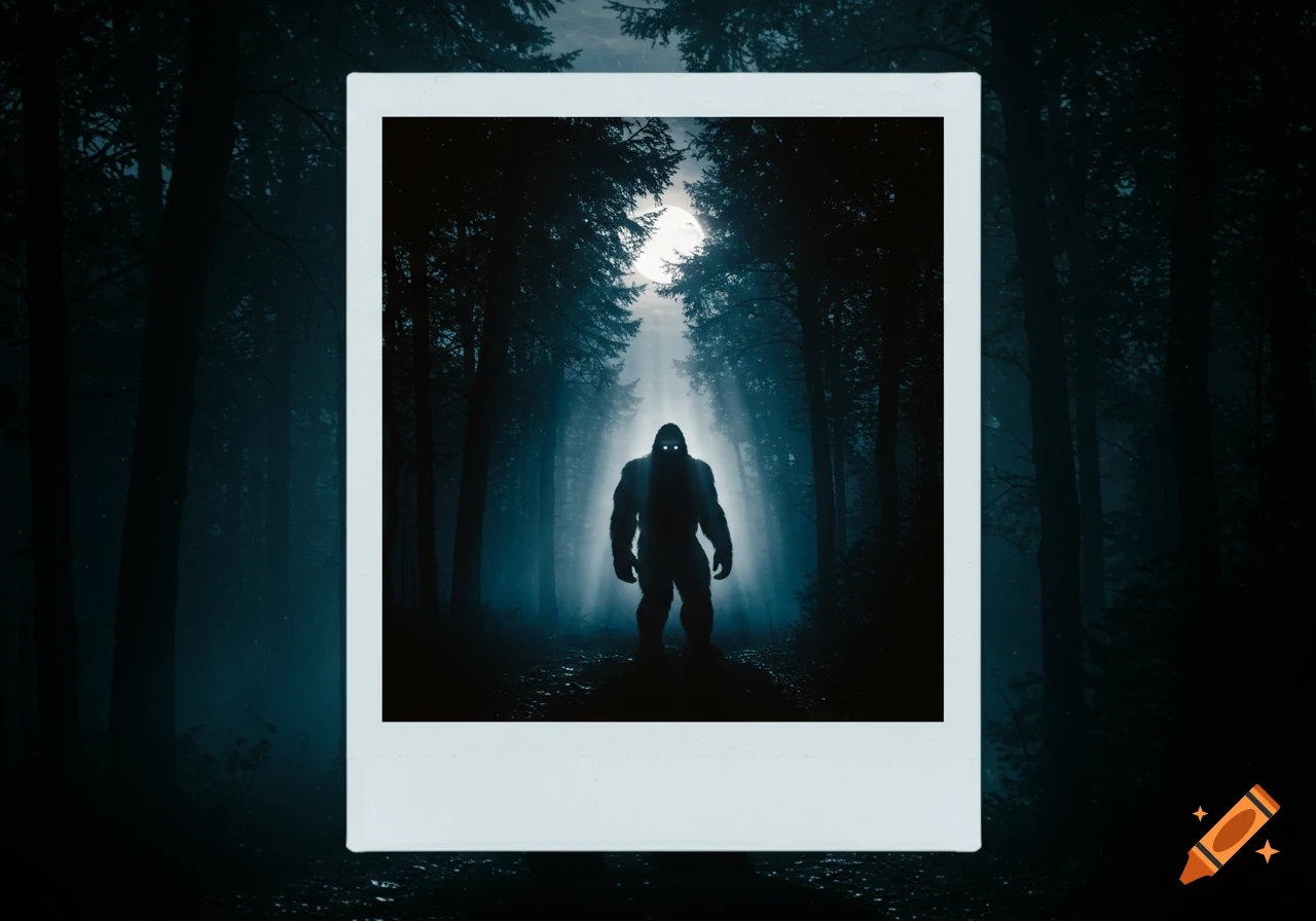 A mysterious Bigfoot silhouette with glowing eyes stands on a misty forest path at night, in a polaroid photo.