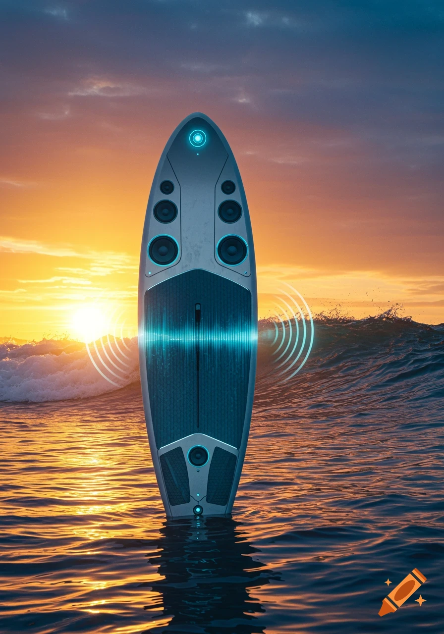 Futuristic surfboard with speakers standing upright in the ocean at sunset, emitting glowing sound waves.