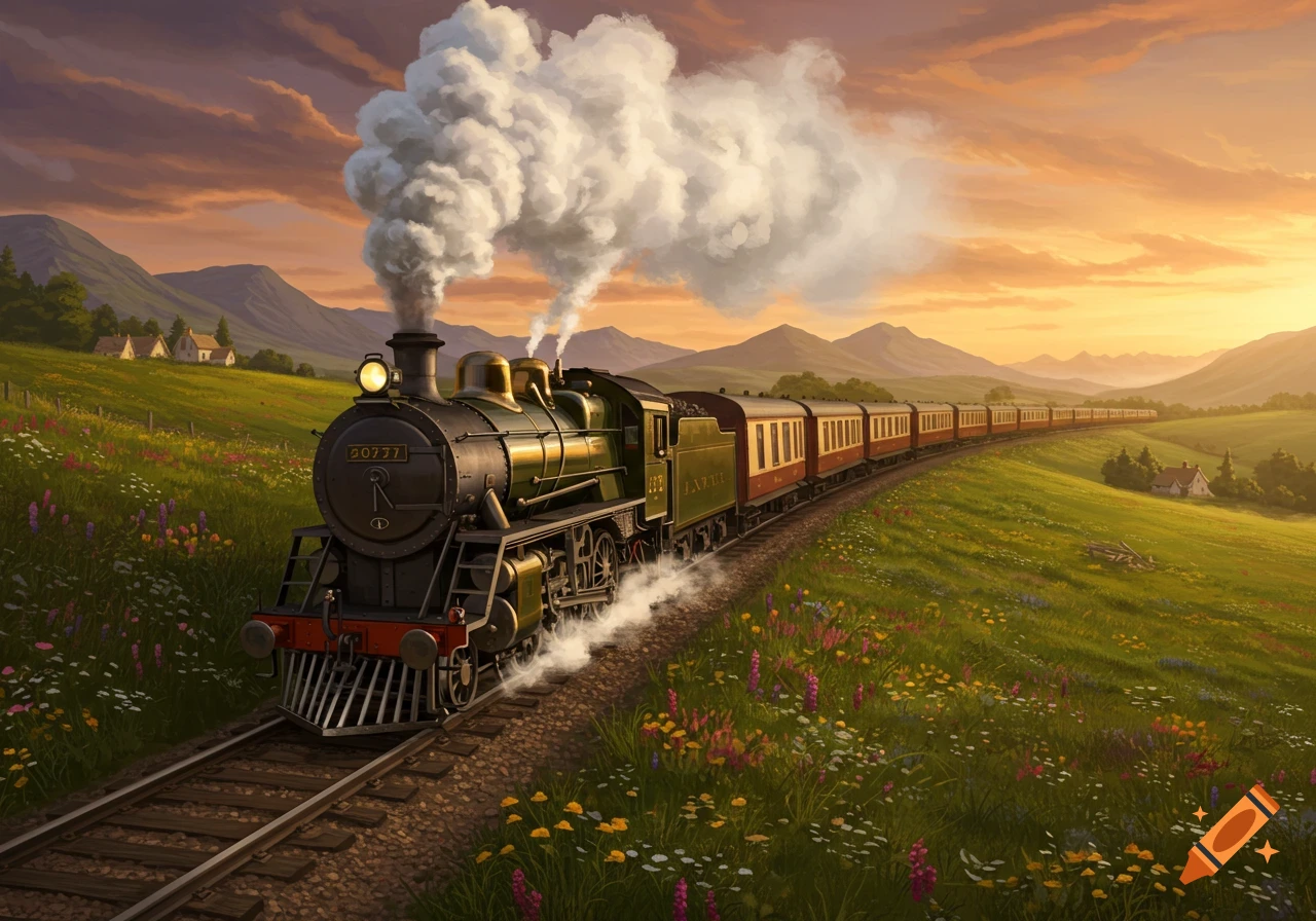 A classic steam train with a green and black locomotive travels through a vibrant green valley at sunset, leaving a trail of white smoke. Mountains and houses are visible in the distance under a warm, cloudy sky.