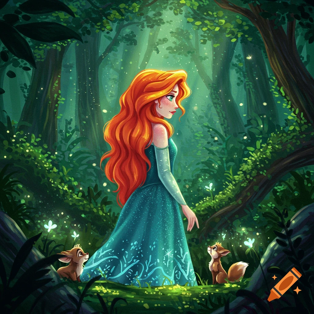 A red-haired princess in a teal dress stands in a lush, magical forest, looking at two small deer. Illustrated style.