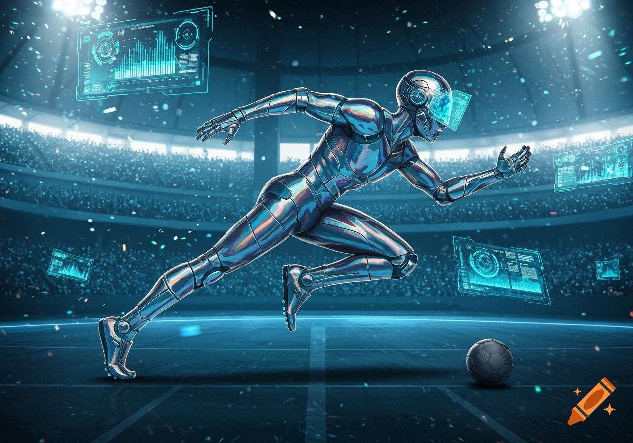 A metallic robot with a visor sprints across a stadium field surrounded by holographic data displays, with a soccer ball nearby.