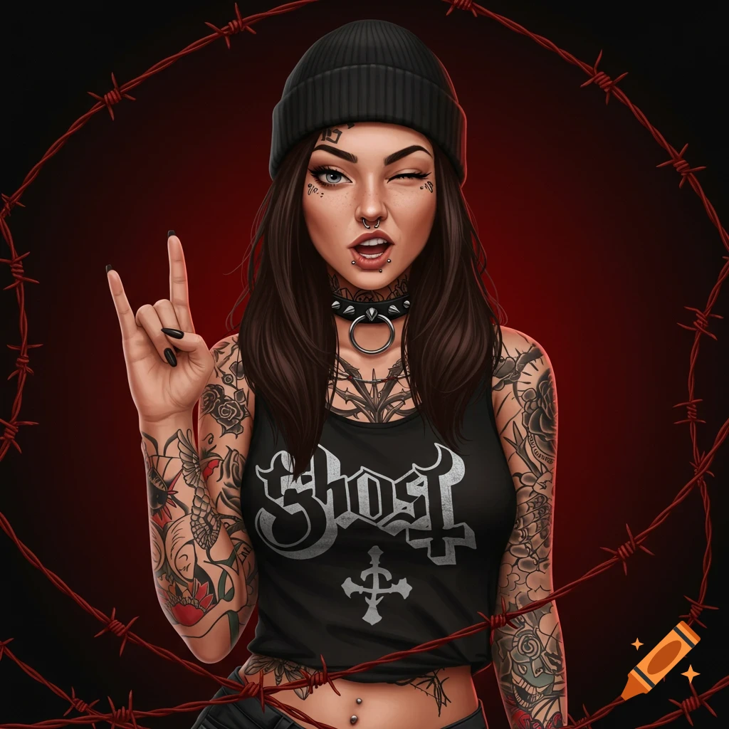 Stylized illustration of a woman with tattoos, piercings, and black beanie, wearing a Ghost tank top, making a rock sign against a red barbed wire background.