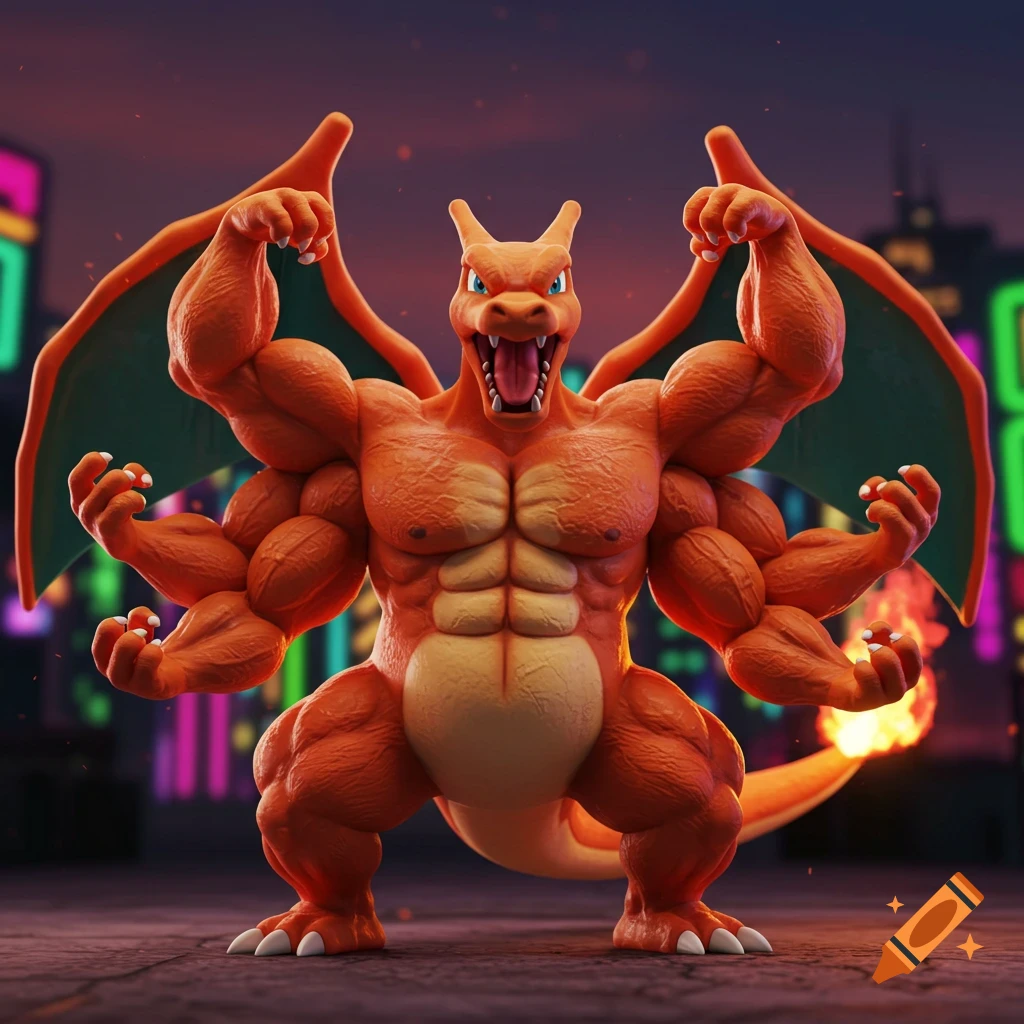 A six-armed, heavily muscled orange Charizard stands flexing in a 3D CGI cartoon movie style, against a blurry nighttime city background.