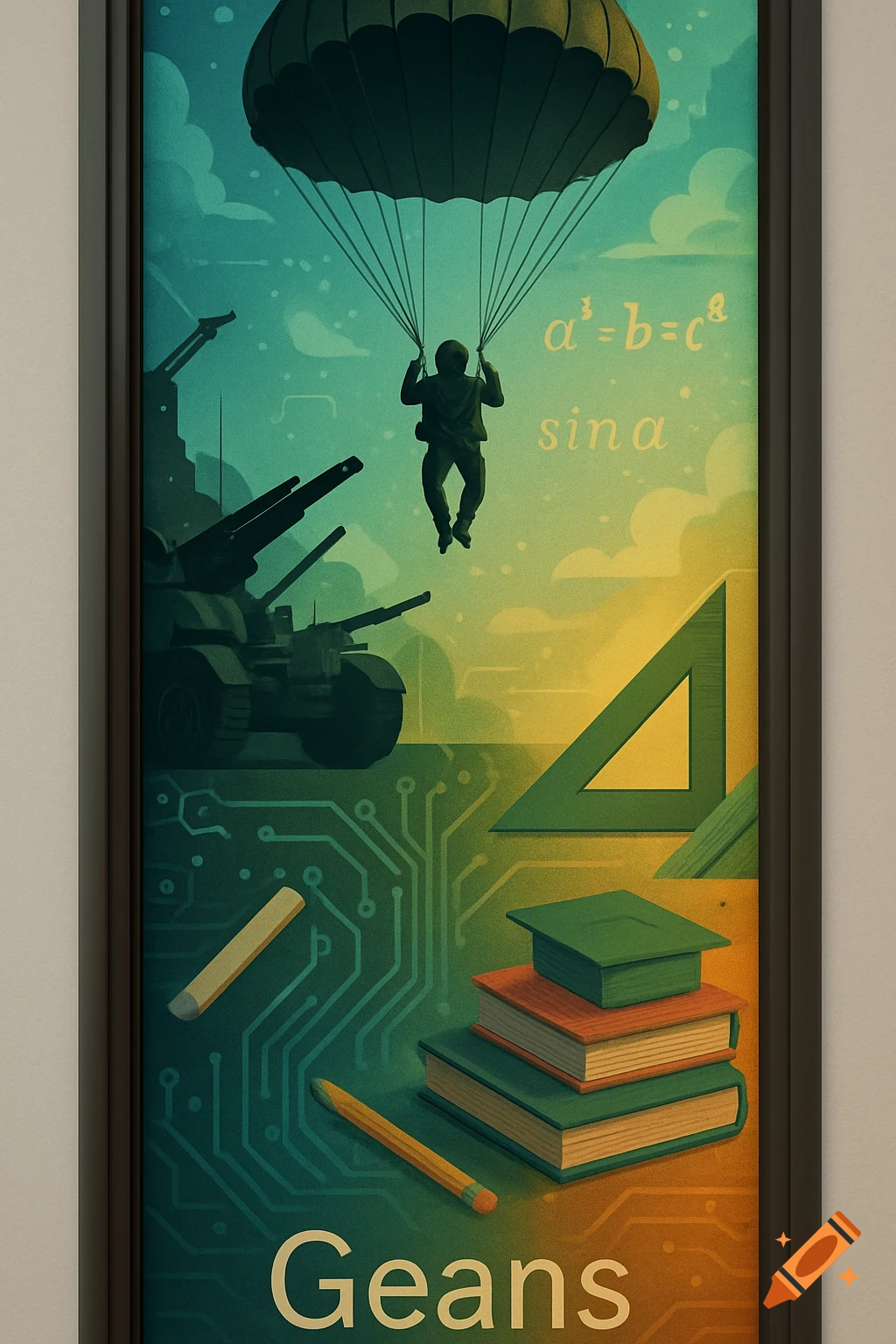 A stylized mural featuring a paratrooper, tanks, mathematical equations, circuit boards, books, and a graduation cap, with the name 'Geans' at the bottom.