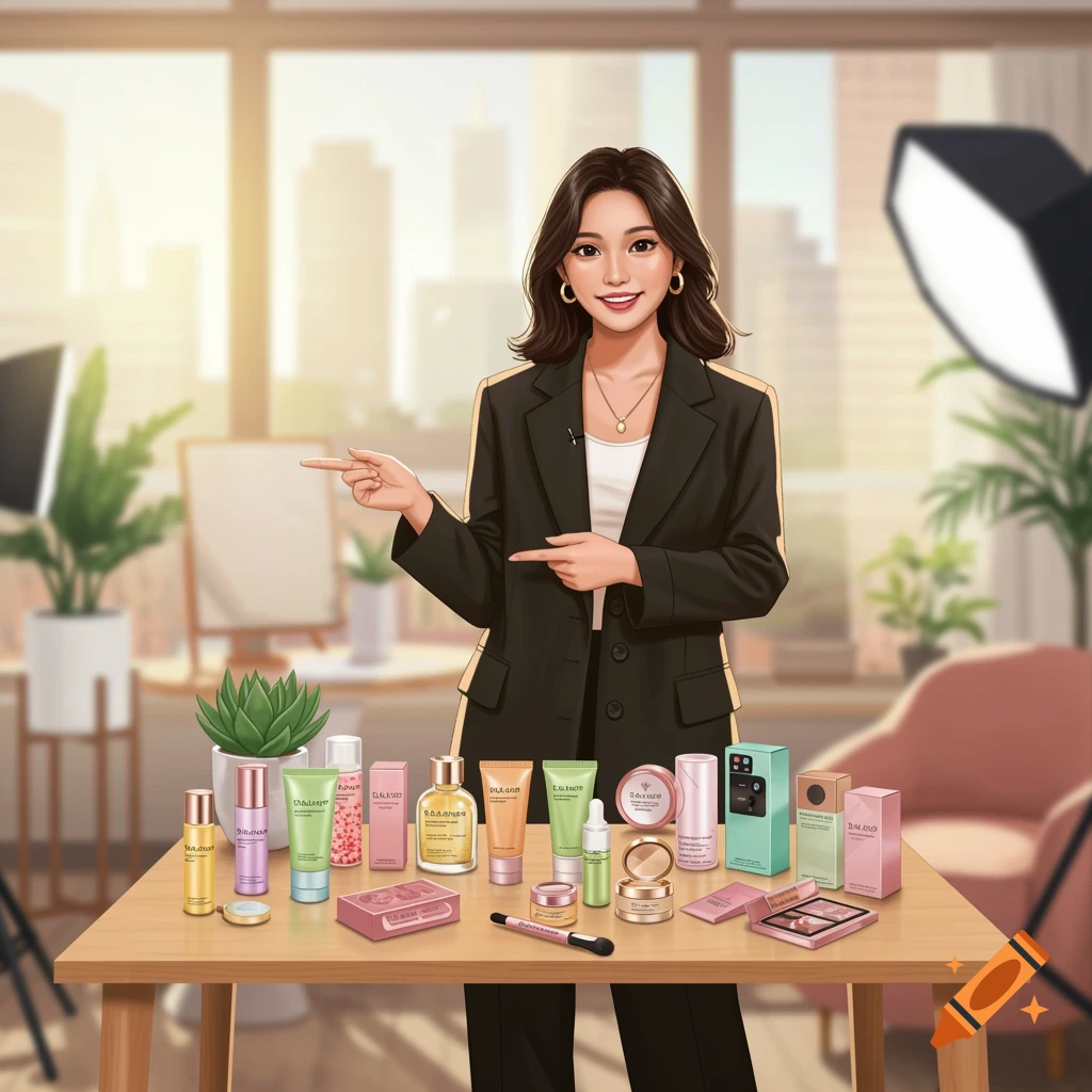 Cartoonish woman in a black suit pointing at various beauty products on a wooden table in a bright room, set up like a studio.