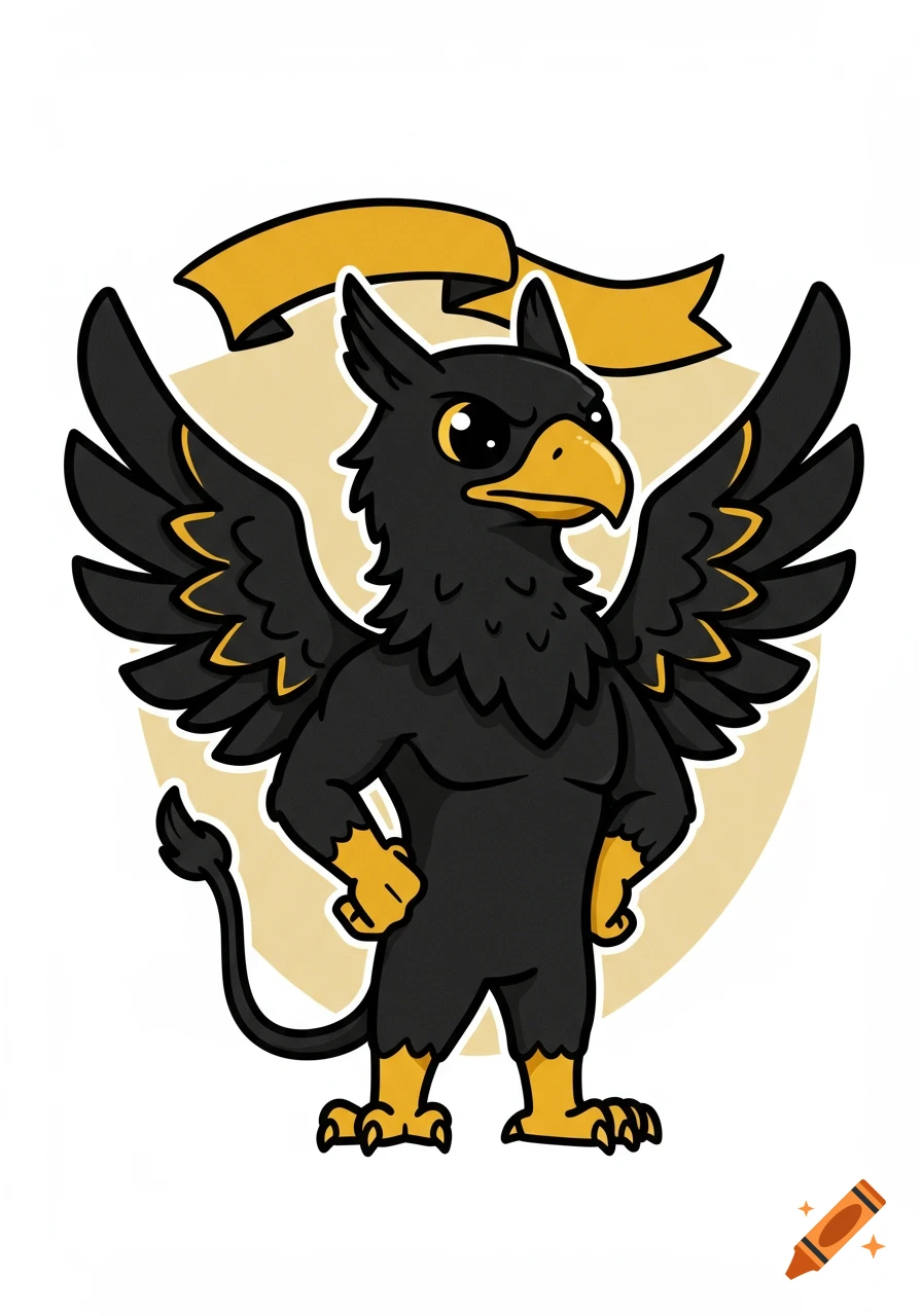 A black and gold cartoon griffin school mascot stands with hands on hips, a blank golden banner behind it.