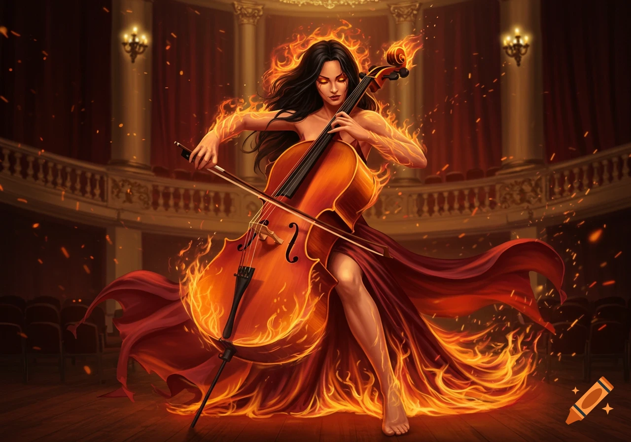 A woman with long black hair, engulfed in fire, plays a cello on a stage in an orchestra hall.