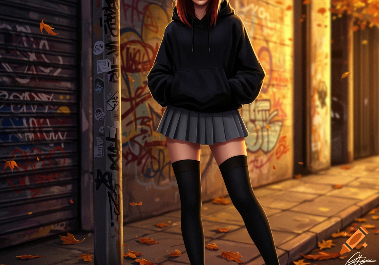 An anime-style girl in a black hoodie, grey pleated skirt, and black thigh-high socks stands on an urban street with graffiti and autumn leaves.