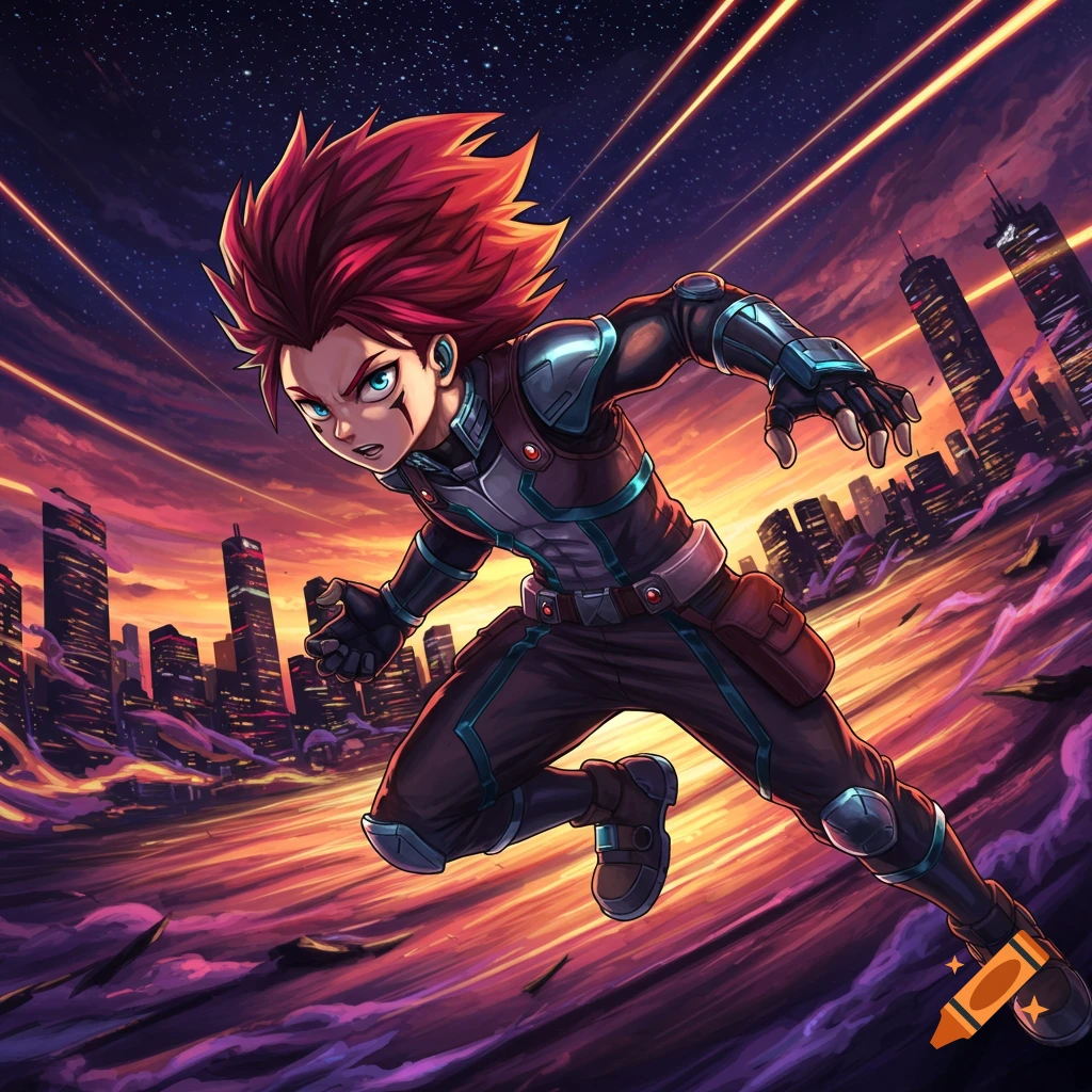 An anime character with red spiky hair and battle armor sprints over a futuristic city during a sunset.