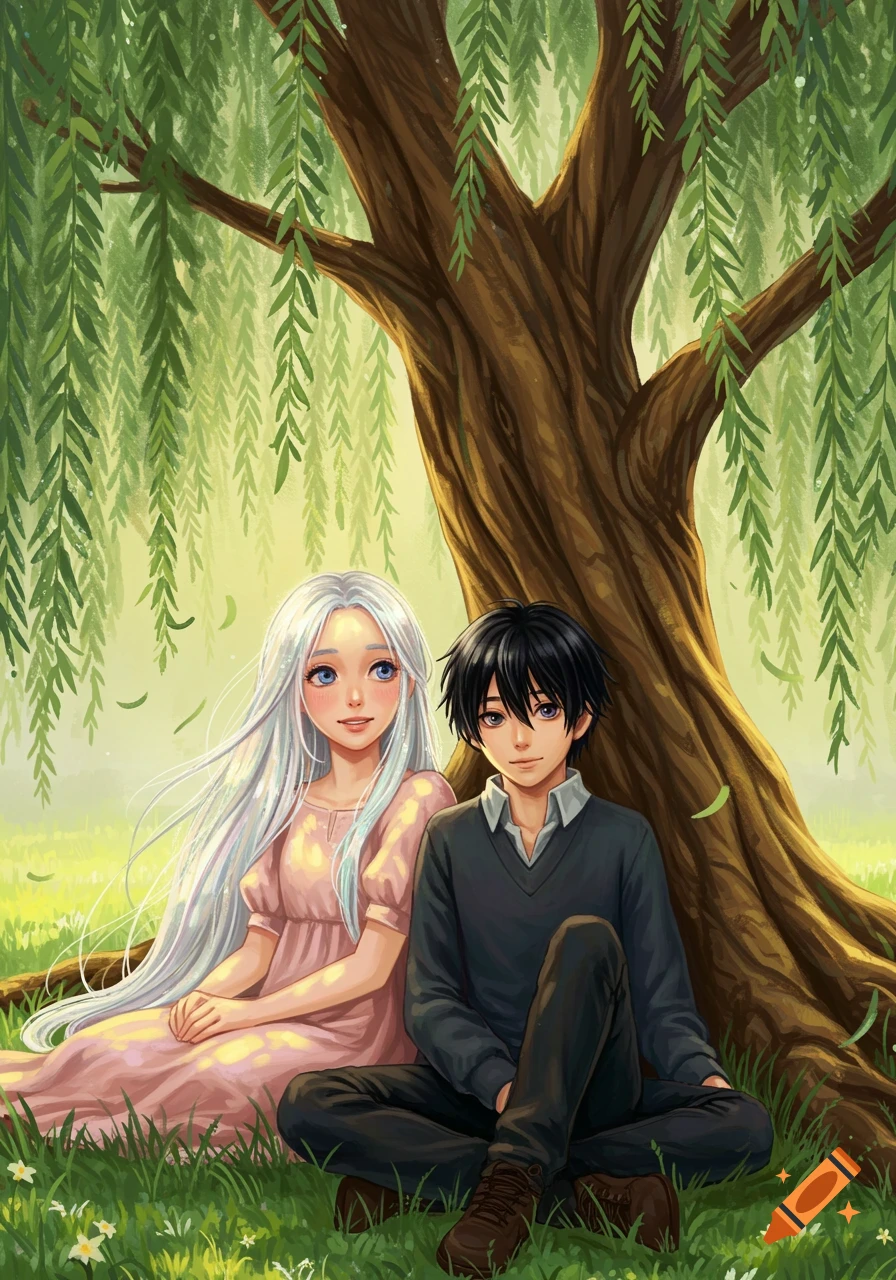 A silver-haired girl and a black-haired boy sit together under a weeping willow tree in a vibrant, illustrative style.