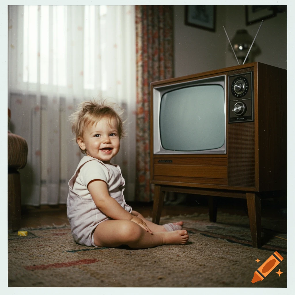 Smiling blonde toddler sits on a rug in front of a vintage TV with rabbit ears, looking at the camera. 1960s photorealistic style.