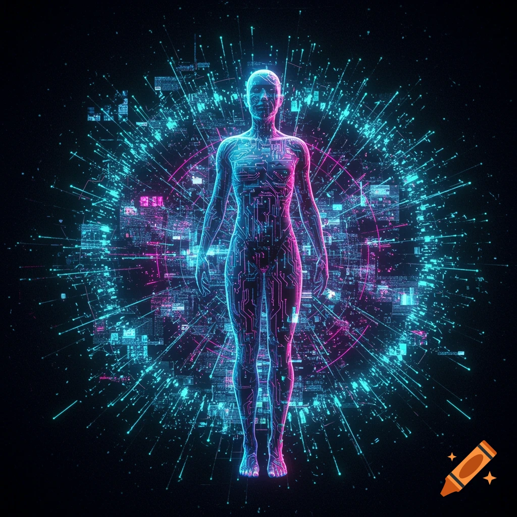 A neon-lit human figure composed of circuit lines, standing against an exploding background of digital data in blue and pink.