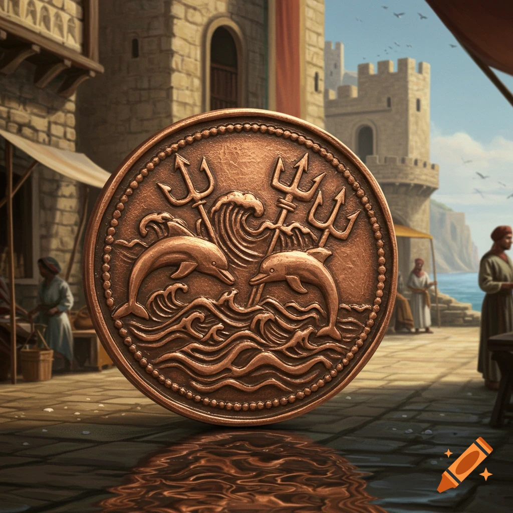 A large, ornate copper coin featuring two dolphins, waves, and tridents stands upright in a medieval port city with stone buildings and a castle.