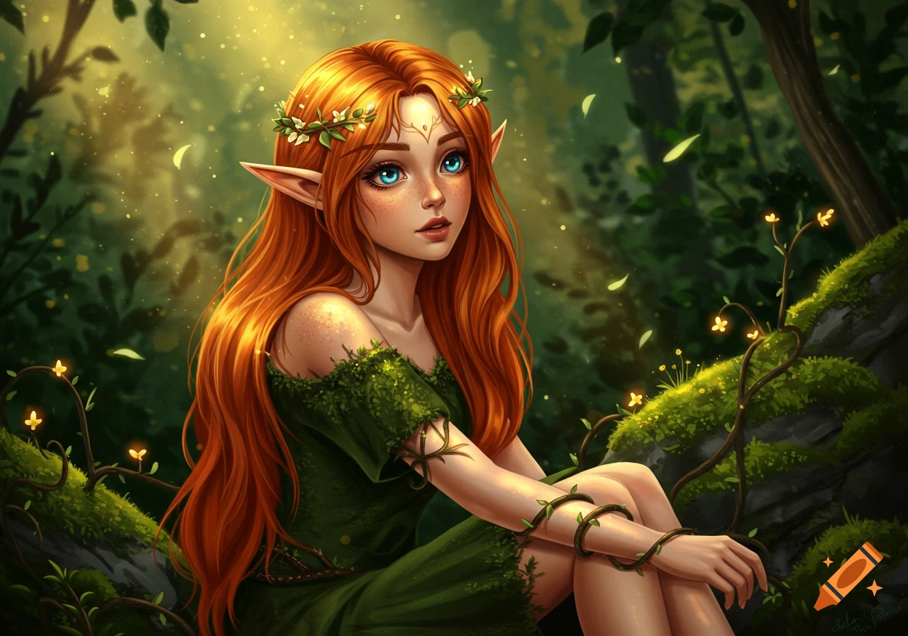 An elf girl with long red hair and blue eyes, wearing a green dress, sitting in a magical forest.