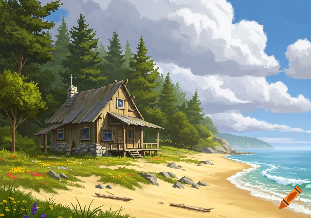 A rustic wooden cabin stands on a sandy beach, surrounded by green pine trees and lush grass with wildflowers, overlooking a calm blue ocean under a partly cloudy sky.