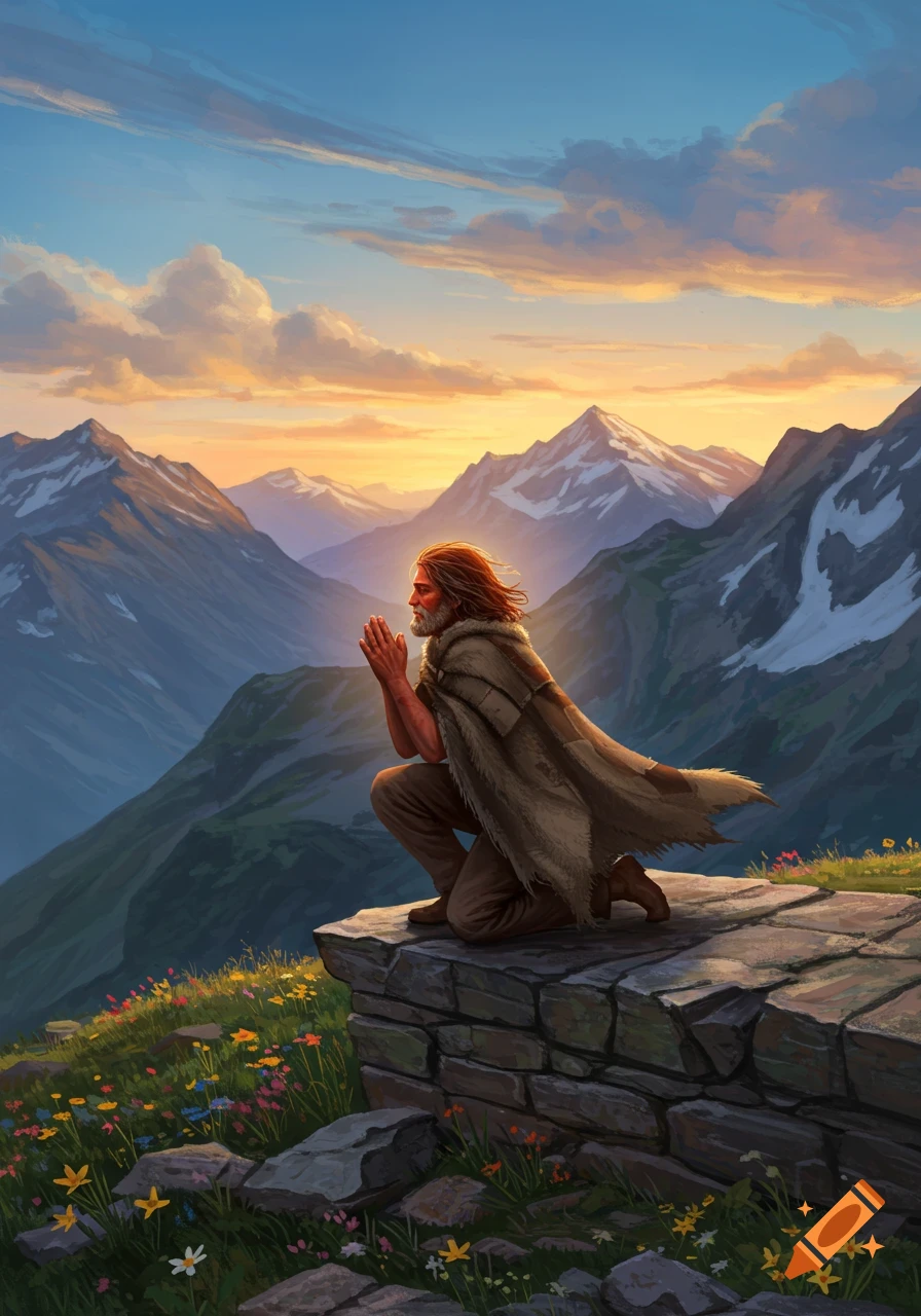 A bearded man in a brown cloak kneels on a stone wall, praying in a vibrant mountain landscape at sunset.