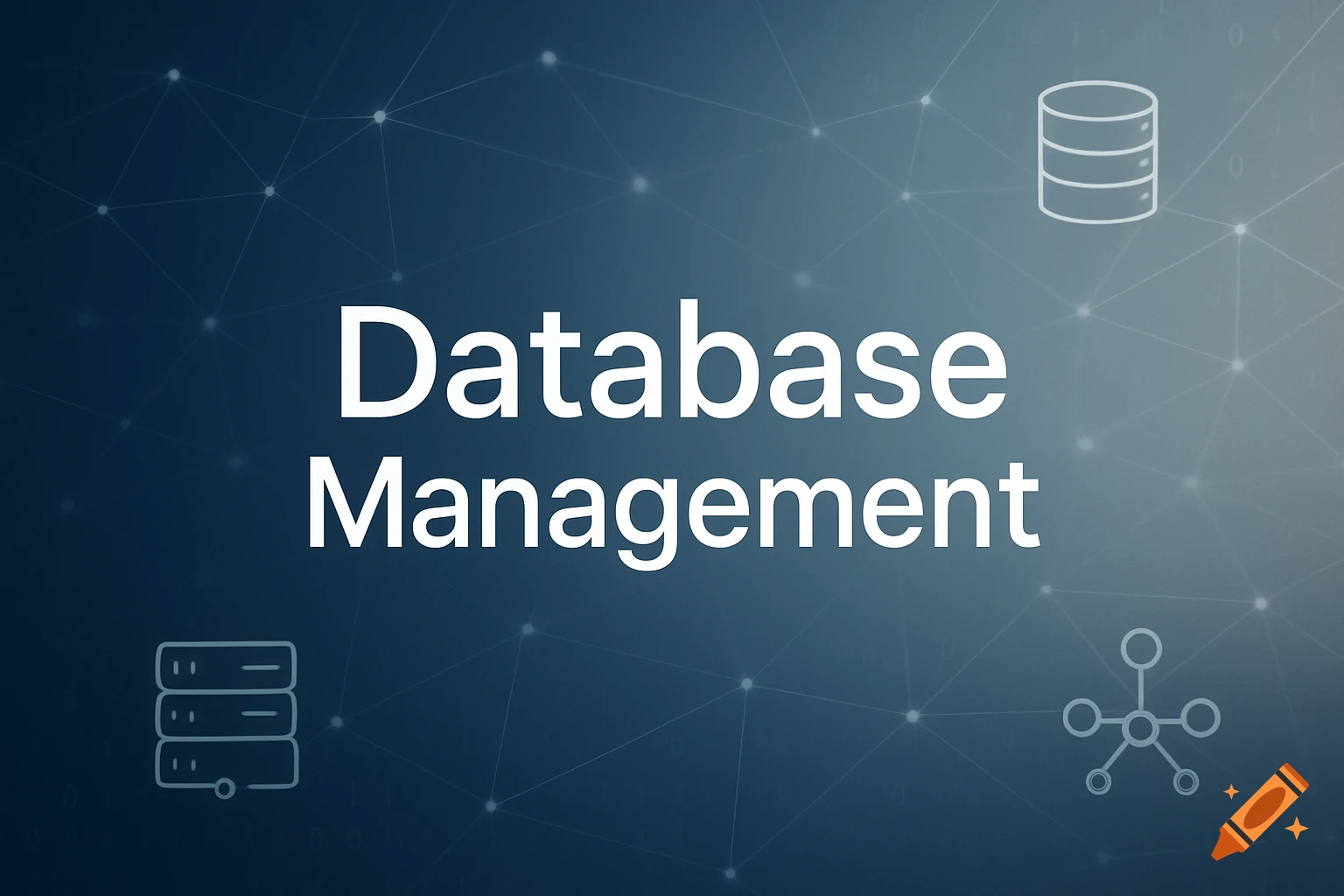 White 'Database Management' text on a blue background with abstract data and server icons.