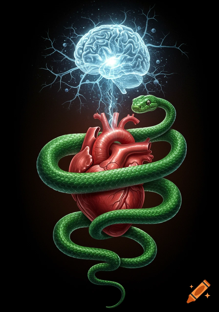 A green snake wraps around a red anatomical heart, extending towards a glowing blue brain emitting electrical tendrils, on a dark background.