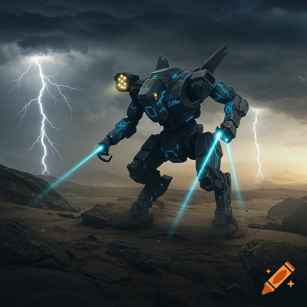 A heavily armored combat mech with blue glowing accents stands on a rocky terrain under a stormy sky with lightning.