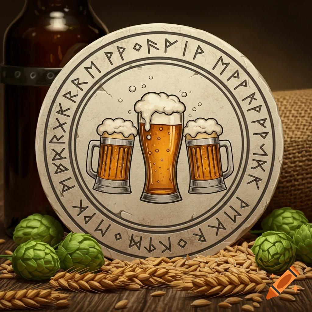 A circular emblem depicting three frothy beer mugs surrounded by runes, set on a wooden surface with hops, grains, and a dark bottle.