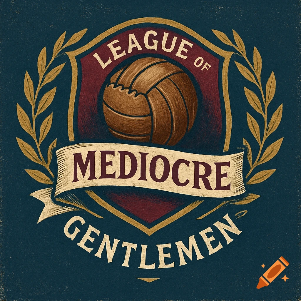 Vintage-style crest logo with a brown football, text 'LEAGUE OF MEDIOCRE GENTLEMEN', and golden laurel branches on a dark blue background.