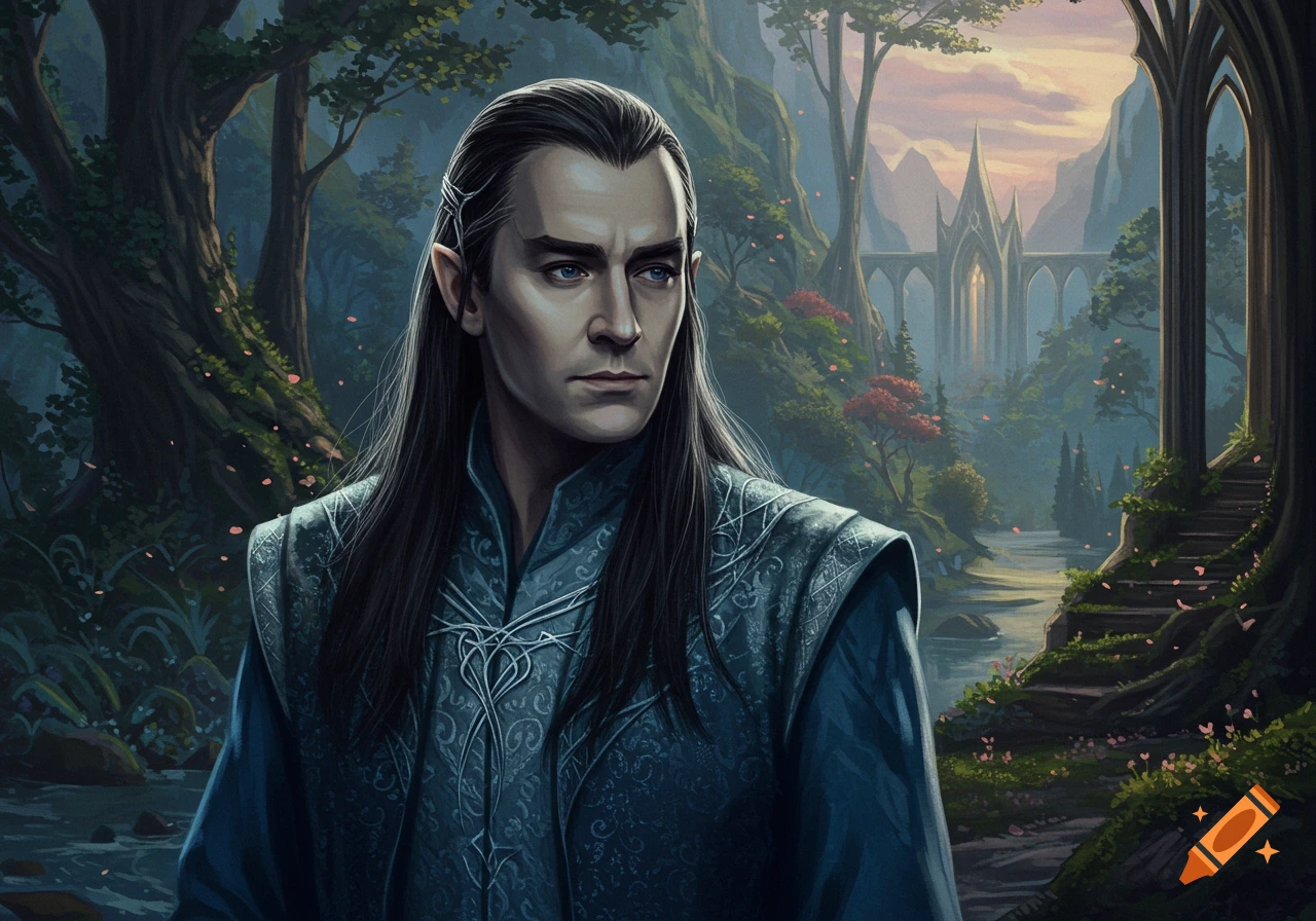A male elf with long dark hair and pointy ears, in ornate clothing, stands in a fantasy forest with a distant castle.