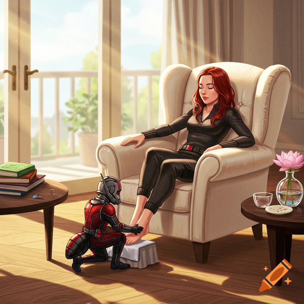 Ant-Man, shrunk to a small size, gives Black Widow a foot massage as she relaxes in an armchair in a sunlit room, in a comic art style.