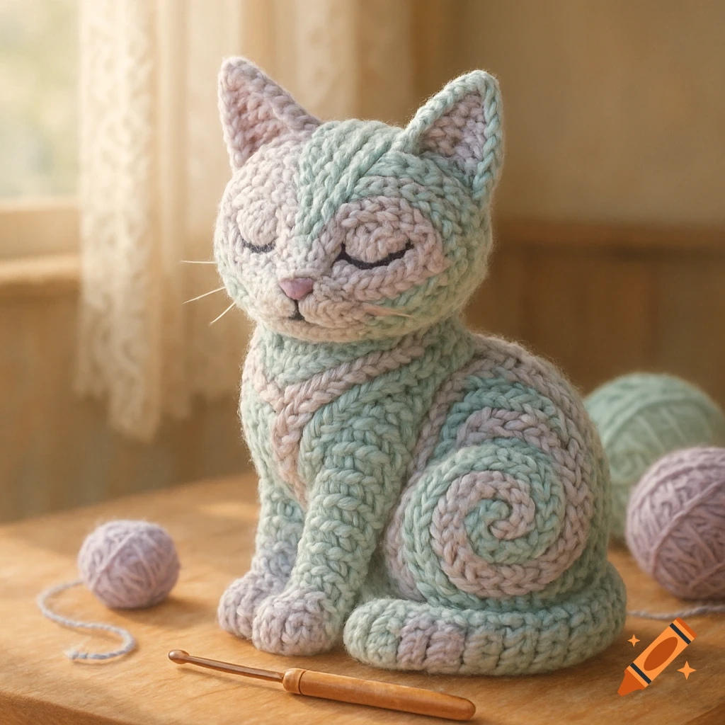 A pastel blue and lavender crochet cat sits on a wooden table with yarn balls and a crochet hook.